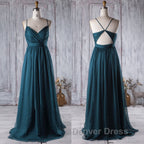 A Line V Neck Spaghetti Strap Peacock Blue Chiffon Long Prom Dress, V Neck Peacock Blue Prom Dress Graudation Prom Dress, Peacock Blue Bridesmaid Dresses
