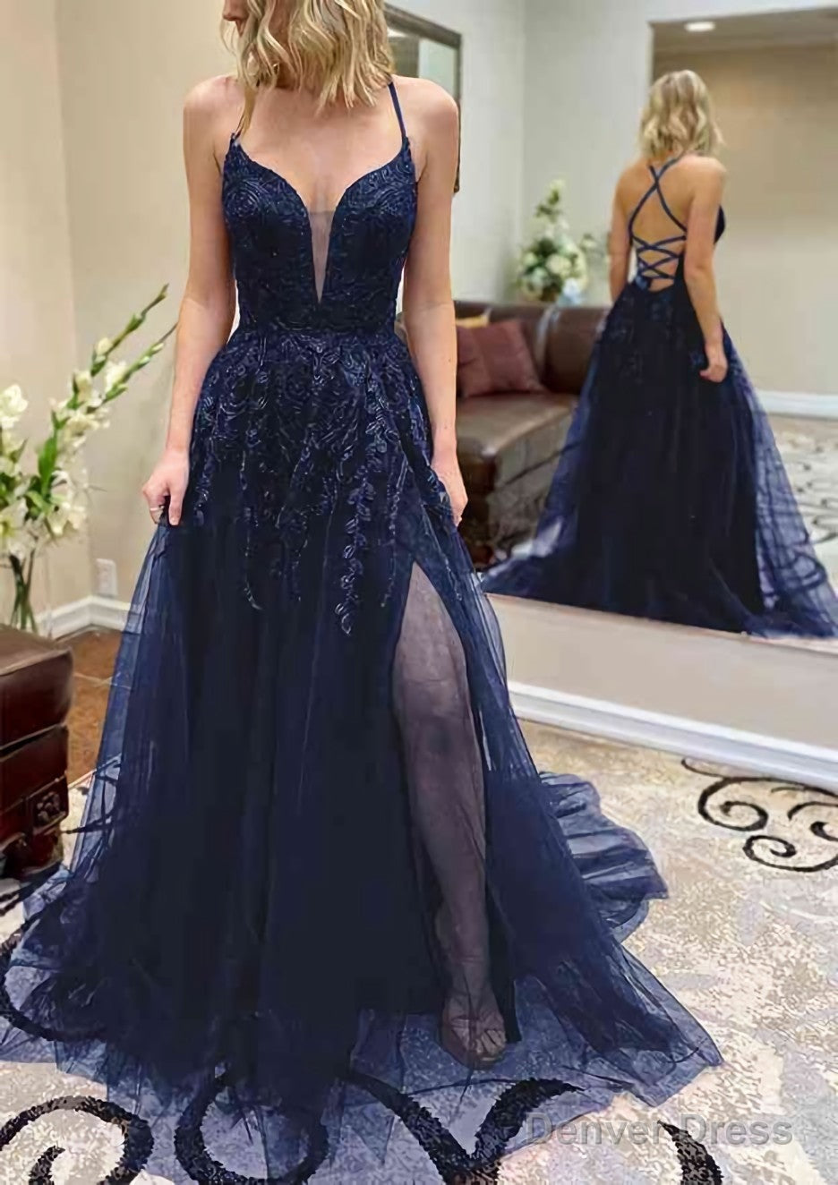 A-line V Neck Spaghetti Straps Chapel Train Tulle Prom Dresses With Split Appliqued Main image
