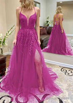 A Line V Neck Spaghetti Straps Chapel Train Tulle Prom Dresses With Split Appliqued