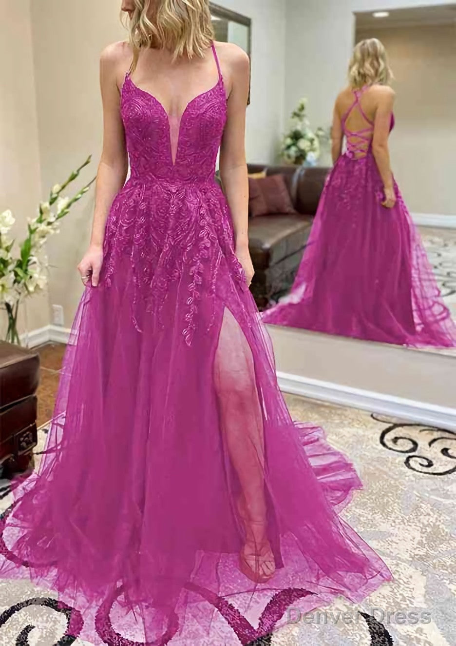 A Line V Neck Spaghetti Straps Chapel Train Tulle Prom Dresses With Split Appliqued