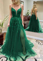 A-line V Neck Spaghetti Straps Chapel Train Tulle Prom Dresses With Split Appliqued
