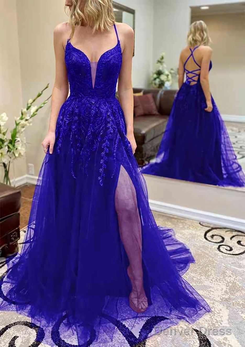 A-line V Neck Spaghetti Straps Chapel Train Tulle Prom Dresses With Split Appliqued Secondary image