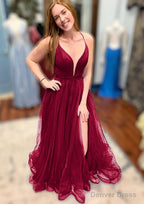 A Line V Neck Spaghetti Straps Court Train Tulle Prom Dresses With Split