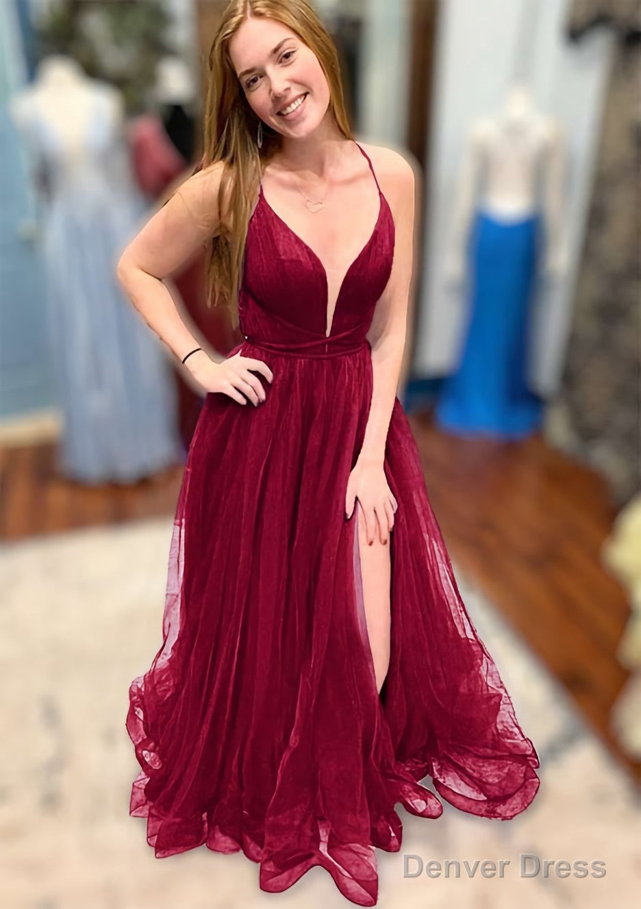 A Line V Neck Spaghetti Straps Court Train Tulle Prom Dresses With Split