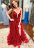 A Line V Neck Spaghetti Straps Court Train Tulle Prom Dresses With Split