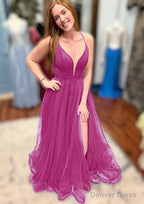 A Line V Neck Spaghetti Straps Court Train Tulle Prom Dresses With Split