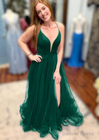 A Line V Neck Spaghetti Straps Court Train Tulle Prom Dresses With Split