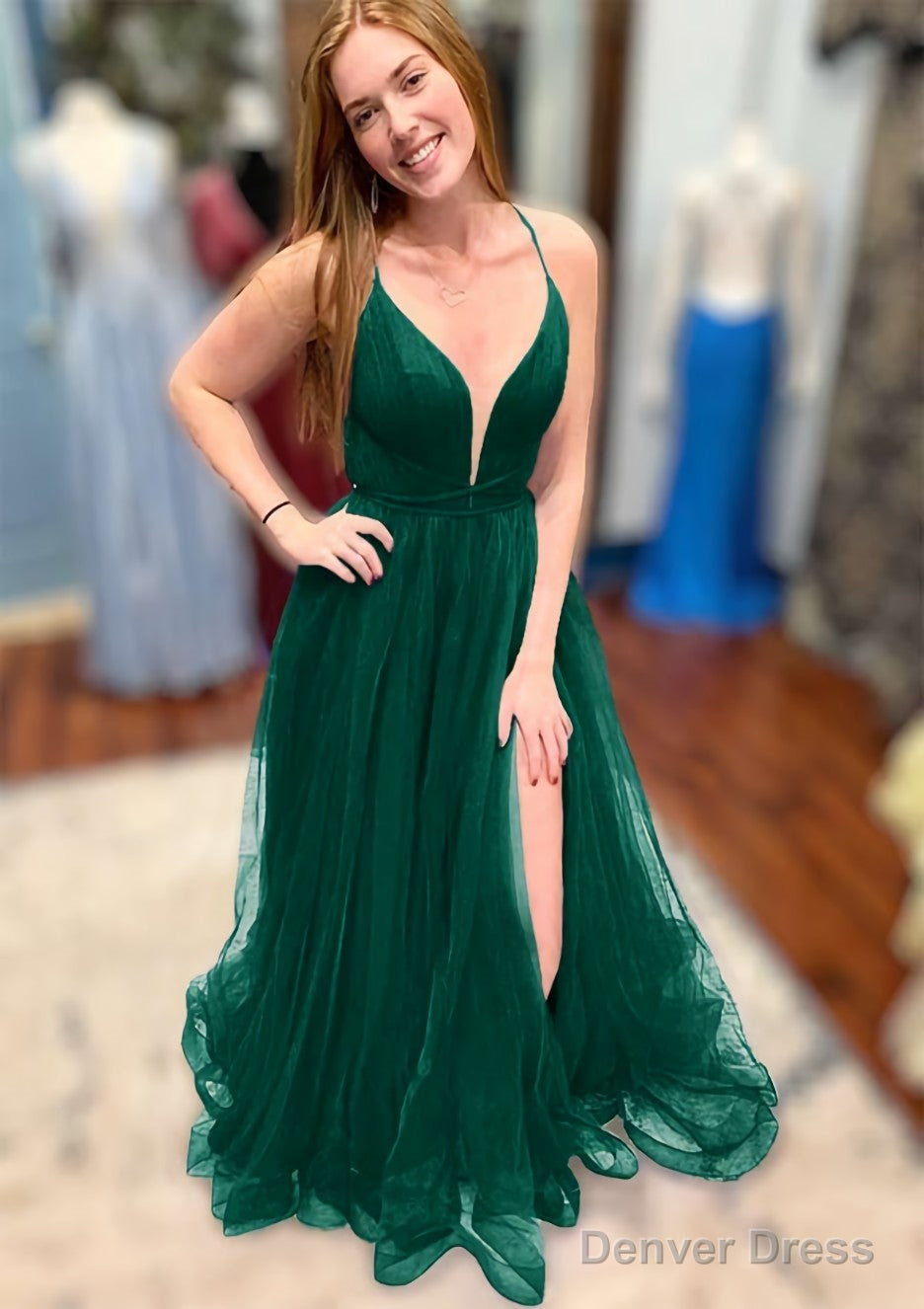 A Line V Neck Spaghetti Straps Court Train Tulle Prom Dresses With Split