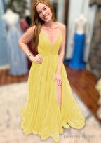 A Line V Neck Spaghetti Straps Court Train Tulle Prom Dresses With Split