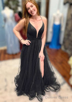 A Line V Neck Spaghetti Straps Court Train Tulle Prom Dresses With Split