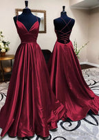 A-line V Neck Spaghetti Straps Long/Floor-Length Charmeuse Prom Dresses With Pleated