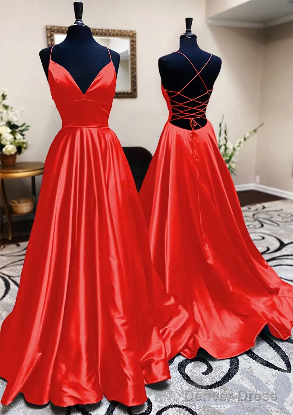 A Line V Neck Spaghetti Straps Long Floor Length Charmeuse Prom Dresses With Pleated
