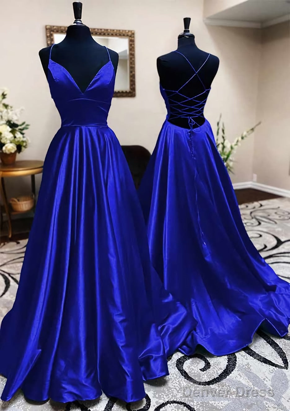 A-line V Neck Spaghetti Straps Long/Floor-Length Charmeuse Prom Dresses With Pleated