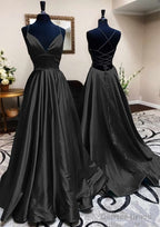 A-line V Neck Spaghetti Straps Long/Floor-Length Charmeuse Prom Dresses With Pleated