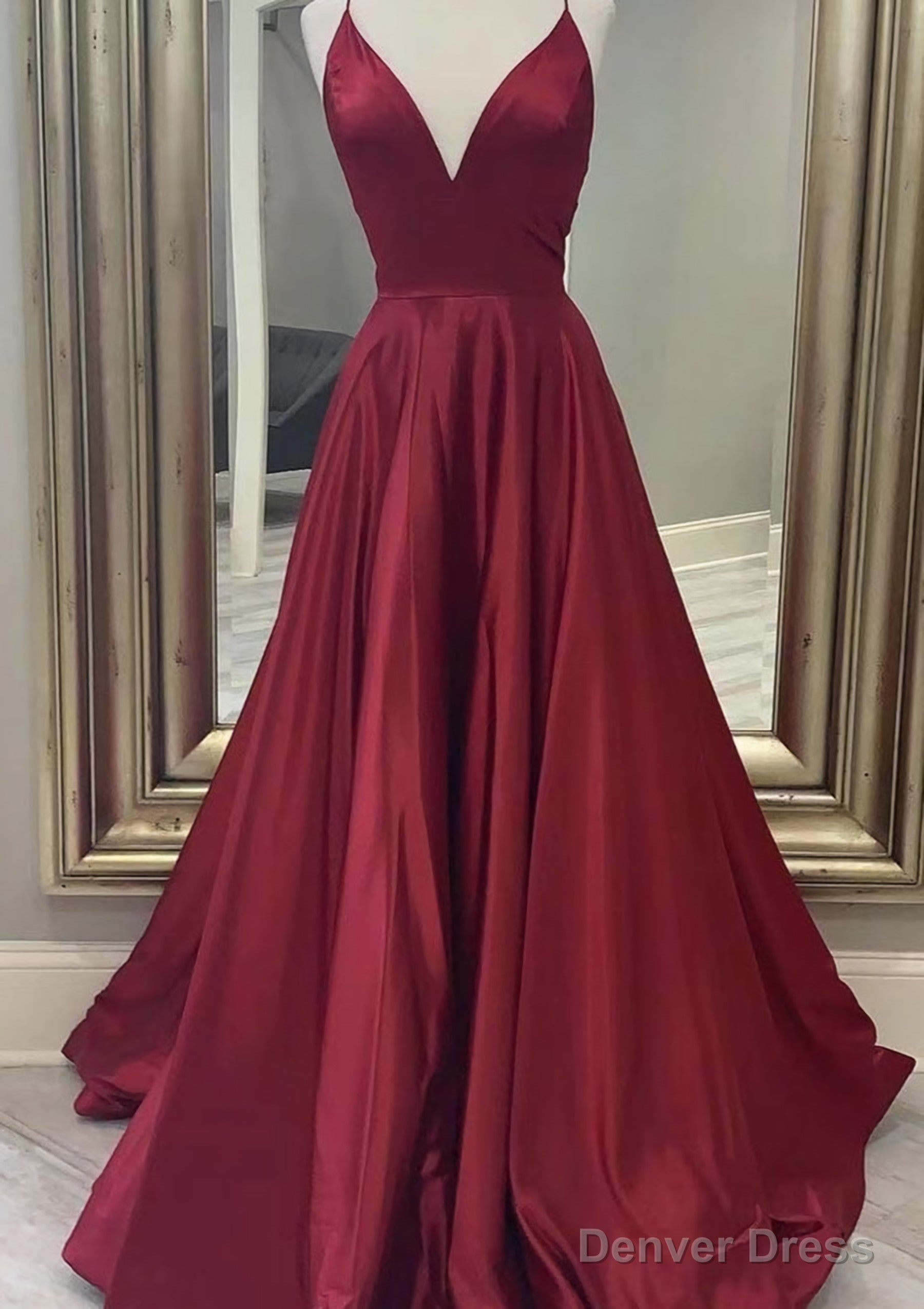 A-line V Neck Spaghetti Straps Long/Floor-Length Charmeuse Prom Dresses With Pockets Main image