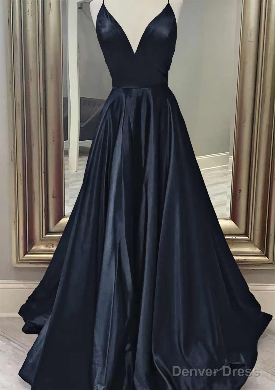 A-line V Neck Spaghetti Straps Long/Floor-Length Charmeuse Prom Dresses With Pockets Secondary image