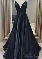 A-line V Neck Spaghetti Straps Long/Floor-Length Charmeuse Prom Dresses With Pockets