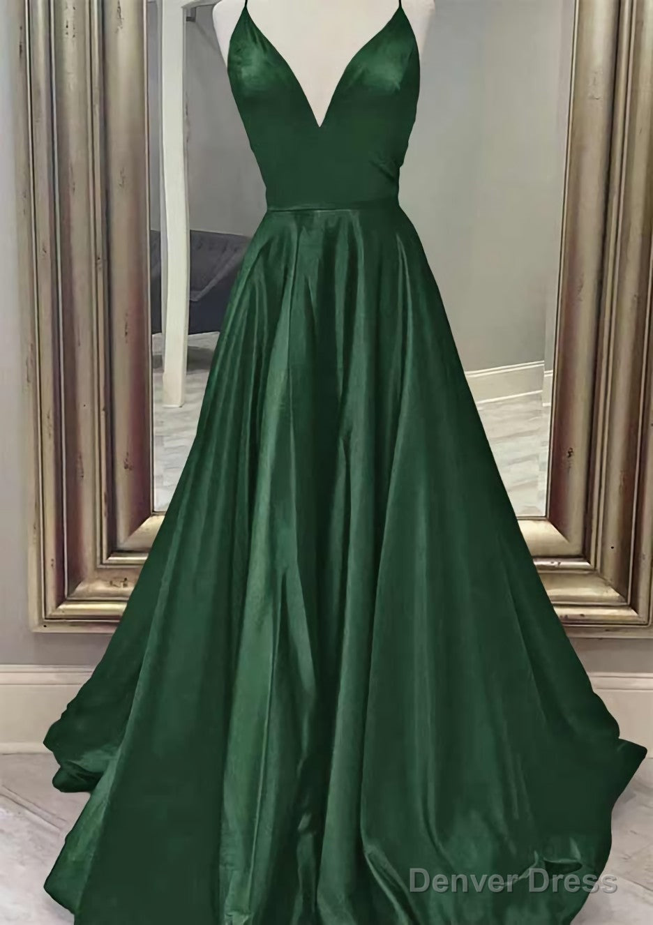 A Line V Neck Spaghetti Straps Long Floor Length Charmeuse Prom Dresses With Pockets