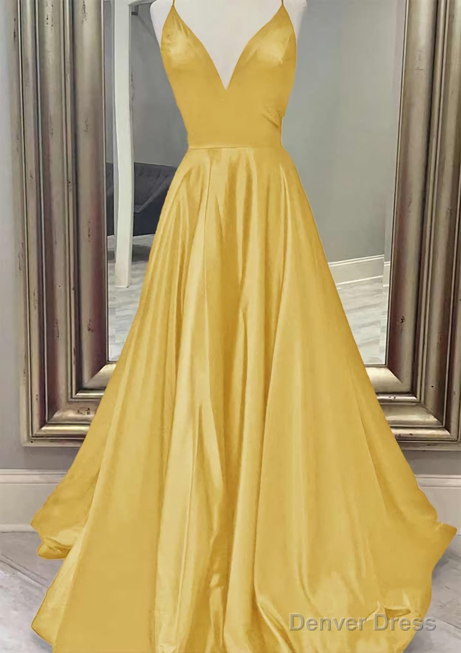 A-line V Neck Spaghetti Straps Long/Floor-Length Charmeuse Prom Dresses With Pockets