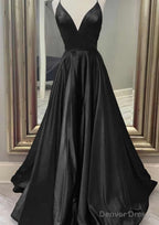 A Line V Neck Spaghetti Straps Long Floor Length Charmeuse Prom Dresses With Pockets