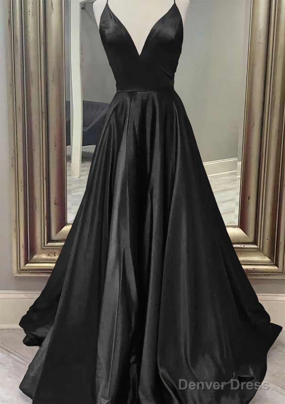A Line V Neck Spaghetti Straps Long Floor Length Charmeuse Prom Dresses With Pockets