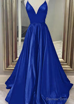 A Line V Neck Spaghetti Straps Long Floor Length Charmeuse Prom Dresses With Pockets