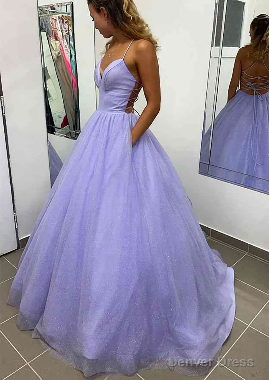 A-line V Neck Spaghetti Straps Long/Floor-Length Glitter Prom Dresses With Pockets