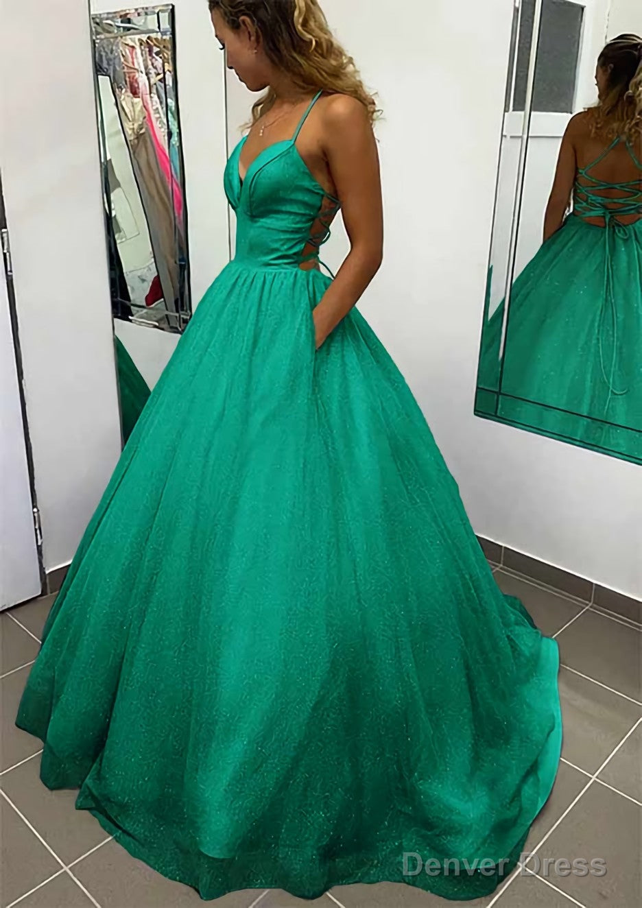 A Line V Neck Spaghetti Straps Long Floor Length Glitter Prom Dresses With Pockets