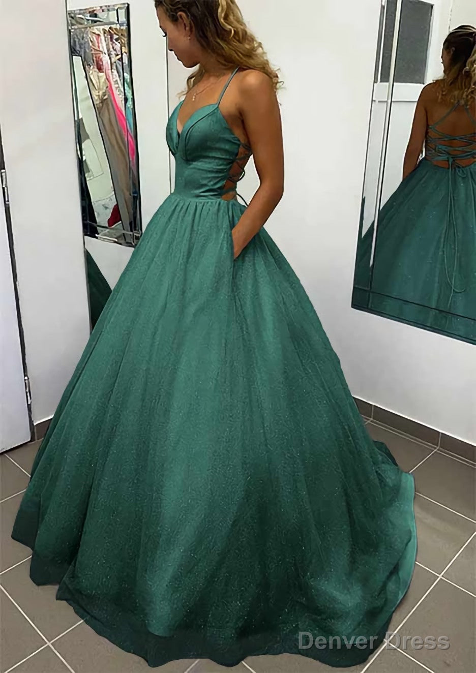 A-line V Neck Spaghetti Straps Long/Floor-Length Glitter Prom Dresses With Pockets