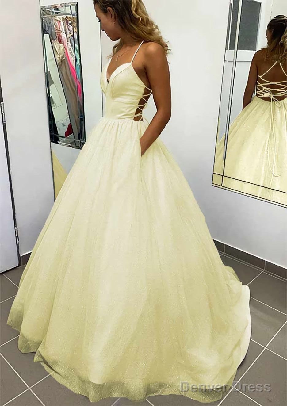 A Line V Neck Spaghetti Straps Long Floor Length Glitter Prom Dresses With Pockets