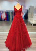 A Line V Neck Spaghetti Straps Long Floor Length Lace Prom Dresses With Beading