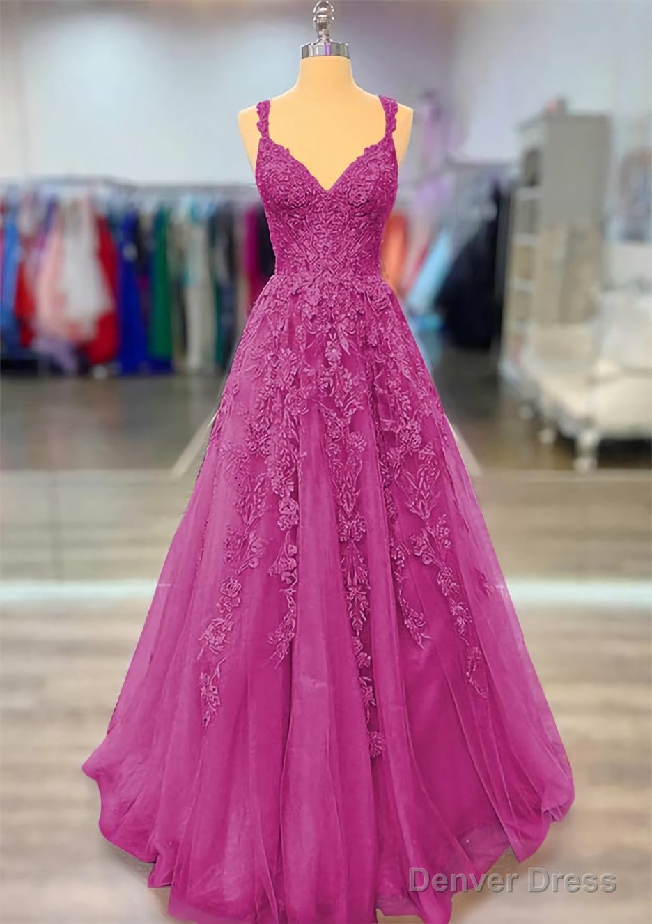 A-line V Neck Spaghetti Straps Long/Floor-Length Lace Prom Dresses With Beading