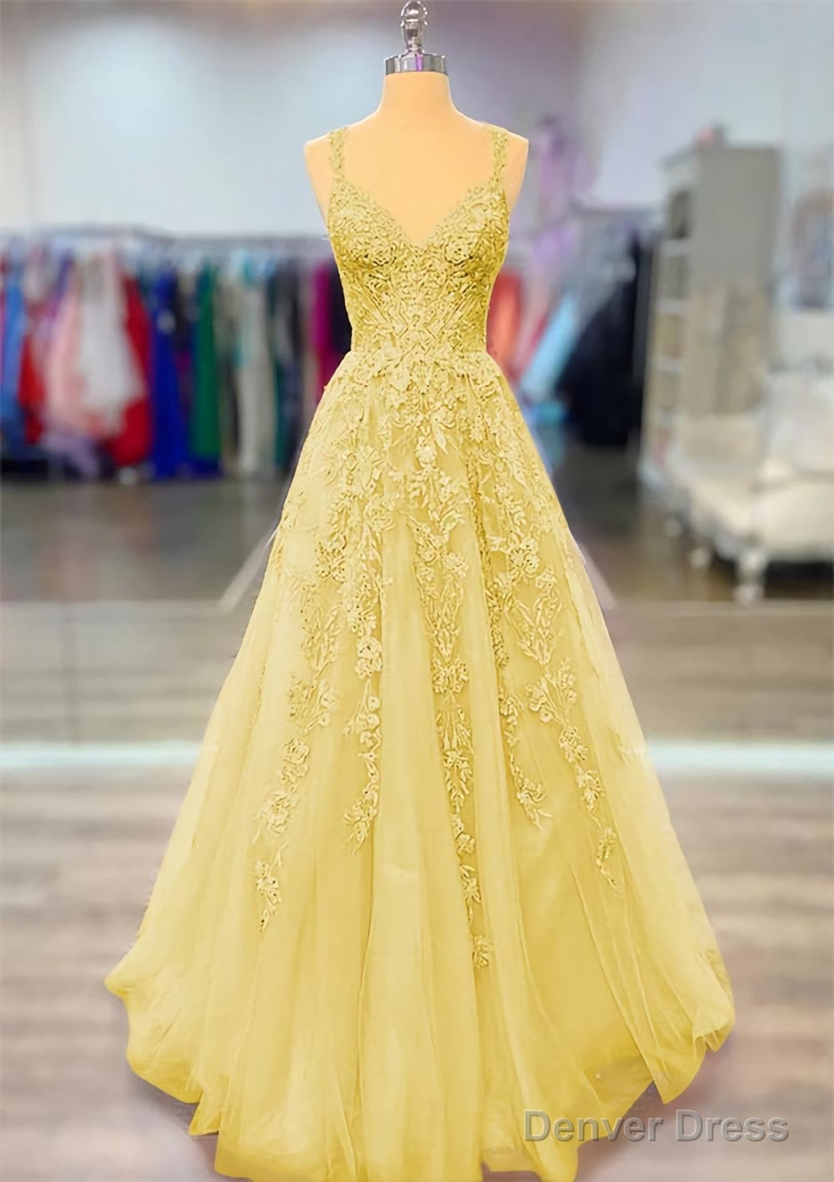 A Line V Neck Spaghetti Straps Long Floor Length Lace Prom Dresses With Beading