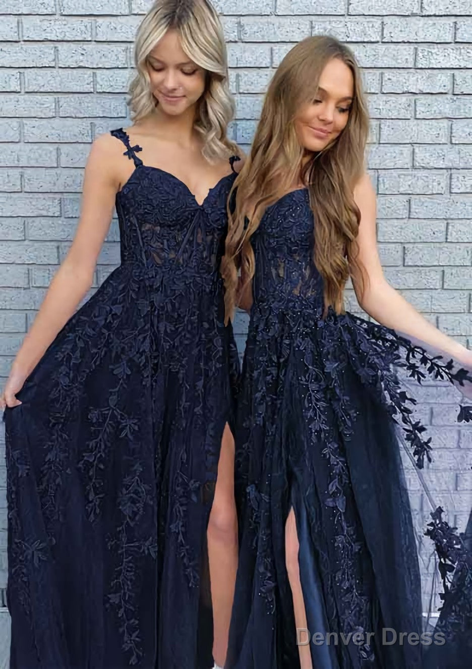 A-line V Neck Spaghetti Straps Long/Floor-Length Lace Prom Dresses With Split