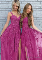 A Line V Neck Spaghetti Straps Long Floor Length Lace Prom Dresses With Split
