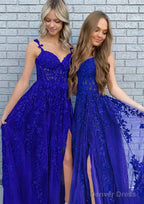 A-line V Neck Spaghetti Straps Long/Floor-Length Lace Prom Dresses With Split