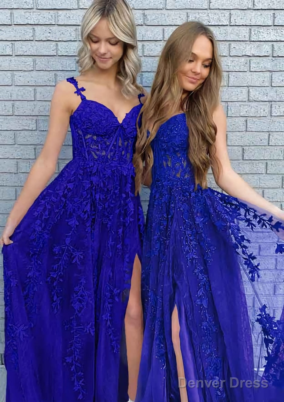 A-line V Neck Spaghetti Straps Long/Floor-Length Lace Prom Dresses With Split