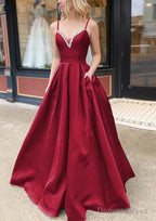 A Line V Neck Spaghetti Straps Long Floor Length Satin Prom Dresses With Beading Pockets