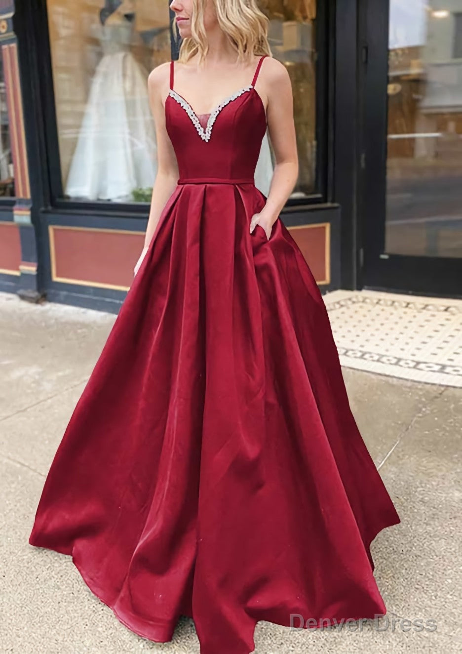 A Line V Neck Spaghetti Straps Long Floor Length Satin Prom Dresses With Beading Pockets