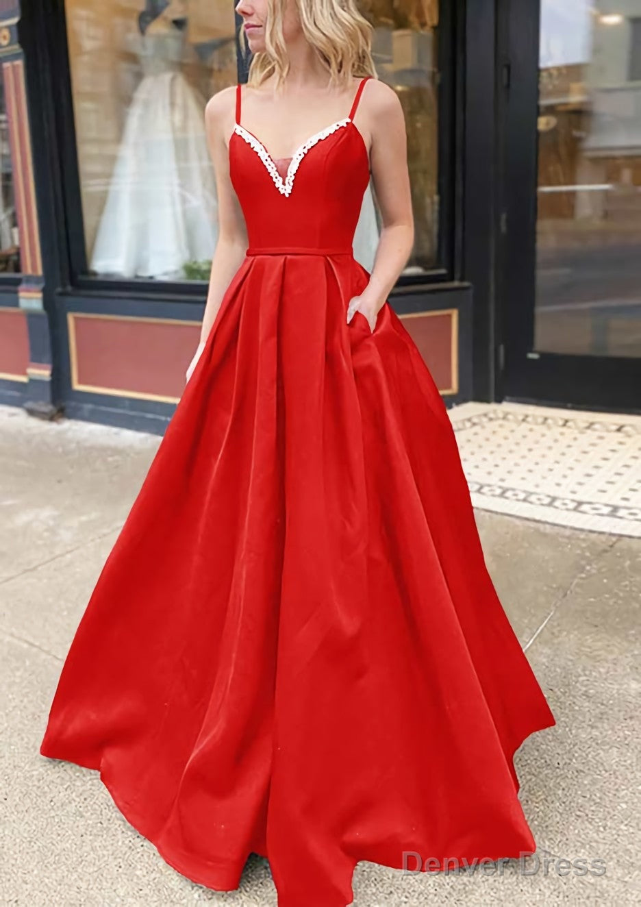 A Line V Neck Spaghetti Straps Long Floor Length Satin Prom Dresses With Beading Pockets
