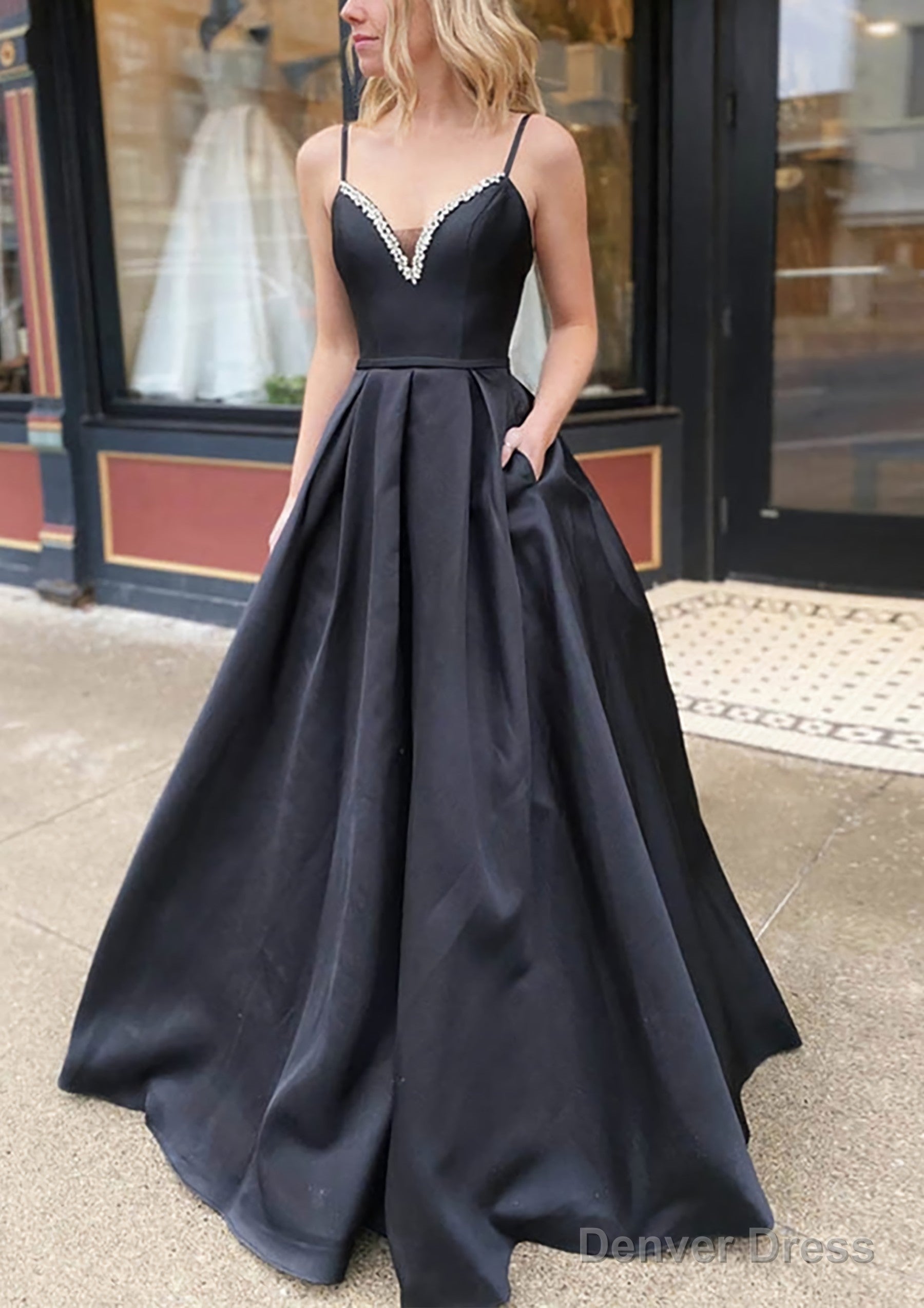 A Line V Neck Spaghetti Straps Long Floor Length Satin Prom Dresses With Beading Pockets