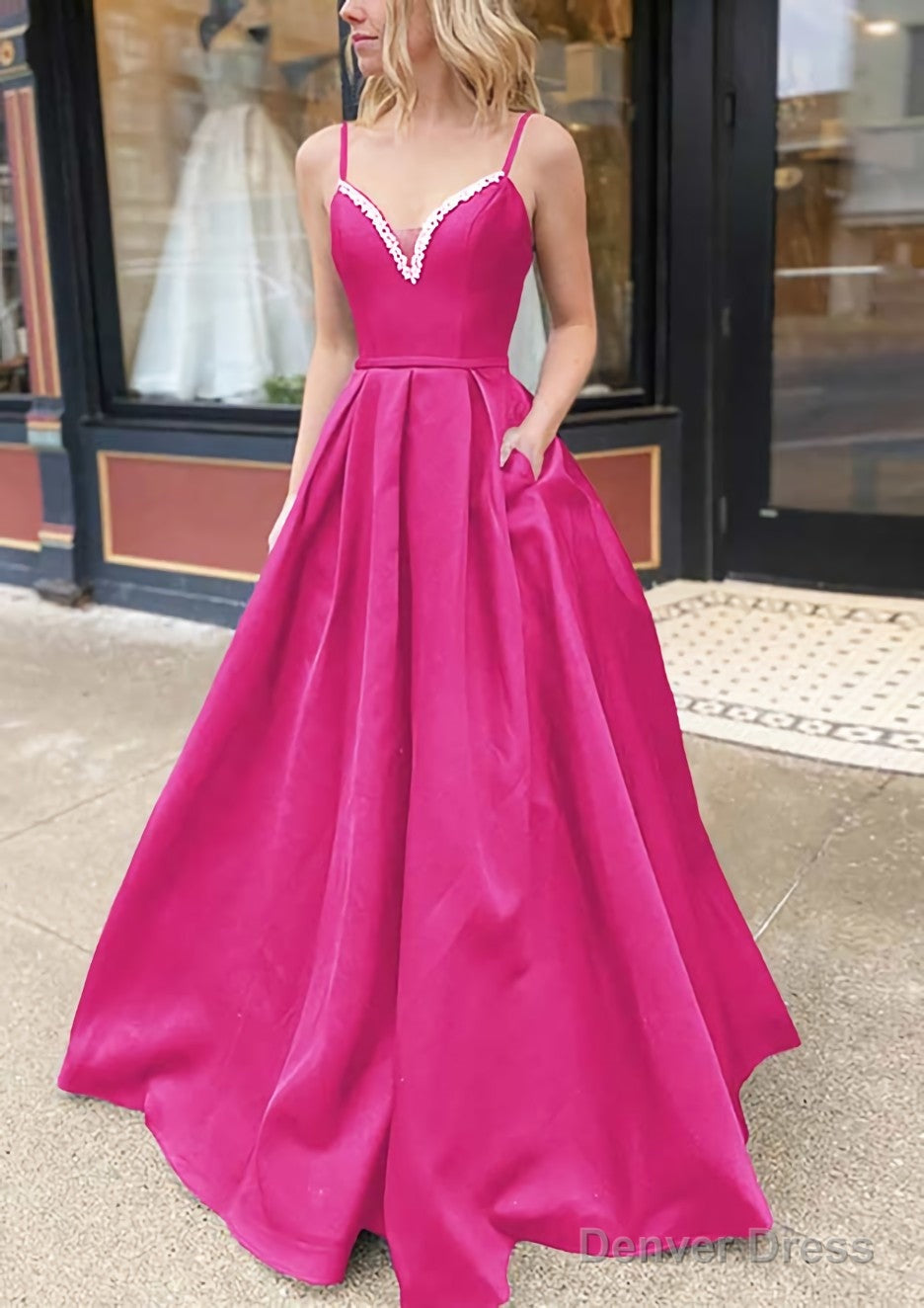 A Line V Neck Spaghetti Straps Long Floor Length Satin Prom Dresses With Beading Pockets