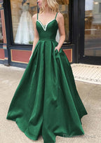 A Line V Neck Spaghetti Straps Long Floor Length Satin Prom Dresses With Beading Pockets