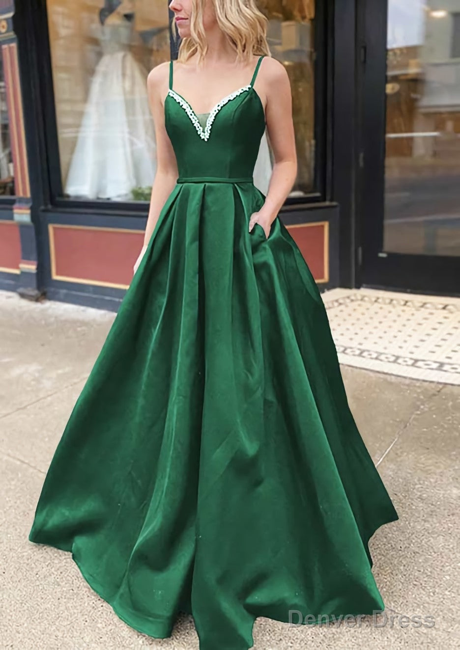 A Line V Neck Spaghetti Straps Long Floor Length Satin Prom Dresses With Beading Pockets