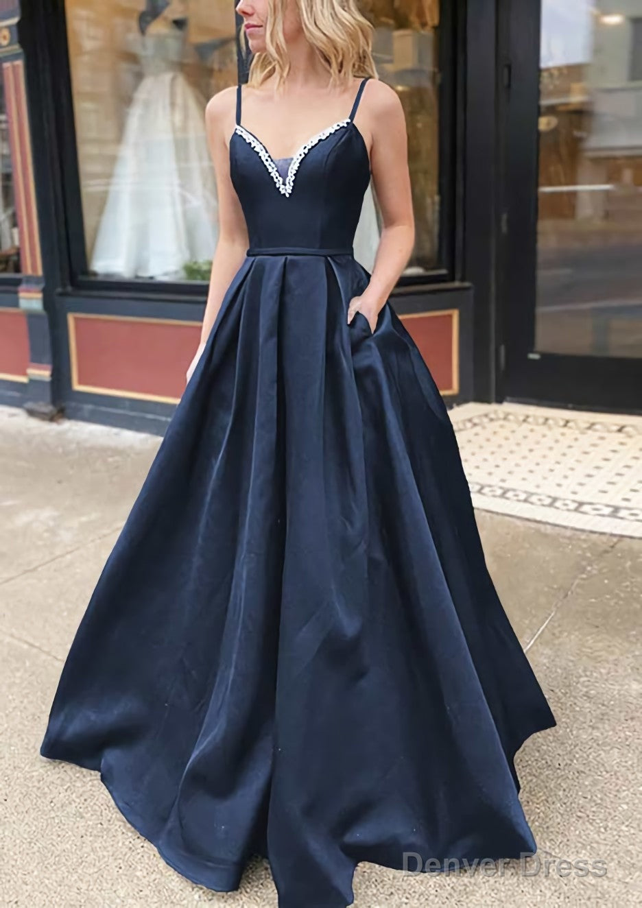 A Line V Neck Spaghetti Straps Long Floor Length Satin Prom Dresses With Beading Pockets