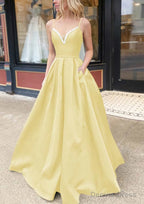 A Line V Neck Spaghetti Straps Long Floor Length Satin Prom Dresses With Beading Pockets