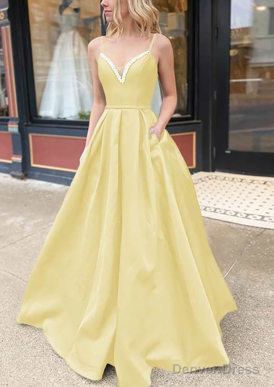 A Line V Neck Spaghetti Straps Long Floor Length Satin Prom Dresses With Beading Pockets