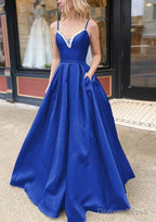 A Line V Neck Spaghetti Straps Long Floor Length Satin Prom Dresses With Beading Pockets