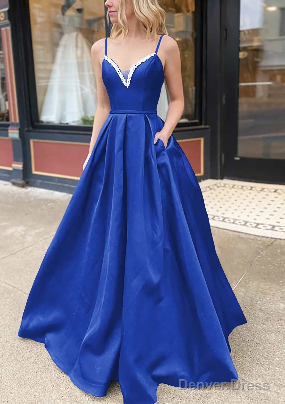 A Line V Neck Spaghetti Straps Long Floor Length Satin Prom Dresses With Beading Pockets