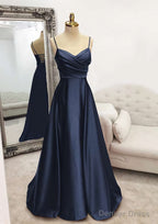 A Line V Neck Spaghetti Straps Long Floor Length Satin Prom Dresses With Pleated